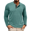 Detail of greyish-green long sleeve Henley shirt with wood-grain buttons and chest pocket - Light Green