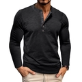 Close-up of black Henley T-shirt featuring buttoned round neck and slub cotton texture - Black