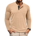 Detail shot of khaki Henley shirt with three buttons, black inner placket, and chest pocket - Apricot