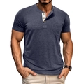 Detail of navy heather knit Henley shirt with three-button placket and contrast chest pocket - Sapphire Blue