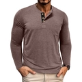 Close-up of men's brown long sleeve Henley shirt featuring a three-button placket and pocket - Coffee