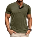 Detail of army green Henley shirt showing three-button contrast placket and chest pocket - Army Green