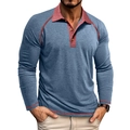 Detail eines Herren-Langarm-Poloshirts mit blauem Strukturstoff und roten Kontrastnähten - Blau
