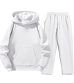 Detailed close-up of a white two-piece hoodie set showing knit fabric texture and pocket detail - White