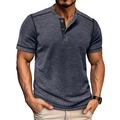 Men's navy waffle knit Henley T-shirt with short sleeves and black contrast stitching - Navy Blue