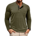 Detail view of olive green knit Henley shirt featuring chest pocket and three-button placket - Army Green
