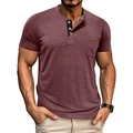 Detail of burgundy heather fabric on men's Henley shirt with three-button placket - Dark Red