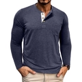 Men's grey long sleeve Henley shirt with 3-button placket and practical chest pocket - Sapphire Blue
