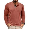 Detail of rust red Henley shirt featuring contrast black placket and wood buttons - Orange