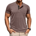 Close-up of brown short-sleeve Henley shirt featuring three-button placket and chest pocket - Coffee