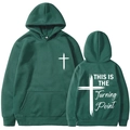 Front and back view of dark green hoodie with white cross and Turning Point text - Dark Green