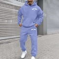 Detailed view of light blue New York print tracksuit with hoodie and matching joggers - S / Top And Bottom / Light Blue