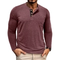 Detail of burgundy men's long sleeve Henley shirt with black contrast placket and chest pocket - Dark Red
