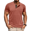 Detail view of the terracotta Henley t-shirt featuring a three-button black contrast placket - Orange