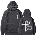 Detailed front and back views of charcoal gray hoodie with white cross printing - Dark Gray