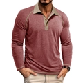 Details des rostroten Polo-Shirts mit khakifarbenem Kontrastkragen und Holzknöpfen - Weinrot