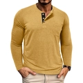Close-up of mustard yellow men's Henley shirt with black contrast placket and chest pocket - Yellow