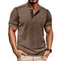 Close-up of brown waffle knit Henley shirt with contrast black stitching on the collar - Khaki