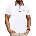Detailansicht weißes Herren-Poloshirt mit kontrastierenden braunen Akzenten an Kragen und Tasche - 3XL / Weiß