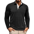 Close-up of charcoal gray polo shirt featuring contrast white collar and wooden buttons - Black