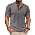 Detail of grey waffle knit henley shirt featuring black contrast trim and button placket - Light Gray