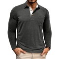 Detail of dark grey long-sleeve polo shirt featuring white contrast collar and chest pocket - Dark Gray