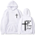 White unisex hoodie with black cross graphic and This is the Turning Point print on back - White