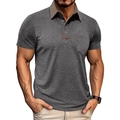 Detailed view of grey short-sleeve Polo shirt with brown collar contrast and chest pocket - Dark Gray