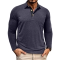 Detailed view of long sleeve polo shirt showing navy knit fabric and chest pocket - Navy Blue