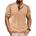 Detail eines khakifarbenen Waffelstrick-Henley-Shirts mit schwarzer Knopfleiste und Rändern - S / Aprikose