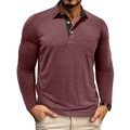 Detail of burgundy long sleeve polo shirt showing collar with contrast inner placket - Dark Red