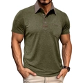 Detail of army green polo shirt with grey contrast collar and front chest pocket - Army Green