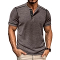 Detail of waffle knit fabric and buttoned Henley collar on casual men's t-shirt - Grey Coffee