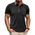 Detail of slim-fit dark grey polo shirt with brown contrast collar and chest pocket trim - Black