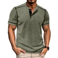Detail of waffle knit texture and contrast stitching on dark olive green Henley t-shirt - Green