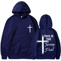Unisex dark blue hoodie featuring white cross print and This is the Turning Point text - Navy Blue