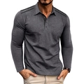 Close-up of dark grey men's long sleeve polo shirt featuring black shoulder stitching details - Dark Gray