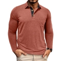 Detailed view of brick red long sleeve polo shirt with contrast navy collar lining - Orange