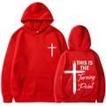 Unisex bright red hoodie featuring white cross prints and Turning Point text on back - Red