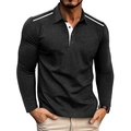 Detail of dark grey polo shirt showing shoulder stripes and white button placket - Black