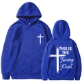 Unisex royal blue hoodie featuring cross print and Turning Point slogan front and back - Blue
