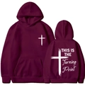 Unisex burgundy hoodie featuring front and back white cross turning point print - Burgundy