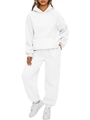 Detail view of white two-piece sweatsuit featuring hooded sweatshirt and joggers - White