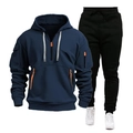 Men's navy hooded tracksuit with orange zipper details and black slim jogger pants - S / Top And Bottom / Navy Blue