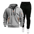 Grey multi-pocket hoodie and black drawstring jogger set for men sportswear - S / Top And Bottom / Light Gray