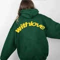 Detail of oversized dark green hoodie with yellow withlove text print on back - Dark Green with Yellow Letters