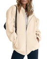 Dettaglio della felpa beige oversize con cappuccio, zip e comode tasche a marsupio - Taglia S / Top / Kaki