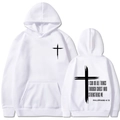 White hoodie with Christian cross and Philippians 4:13 bible quote print on the back - S / Hooded Style / White