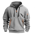 Hellgrauer Herren Kapuzenpullover mit taktischen Taschen und halbem Reißverschluss - S / Hellgrau (Orangefarbene Details)