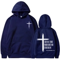 Dark navy hoodie featuring white cross and Philippians 4:13 verse print on back - S / Hooded Style / Navy Blue